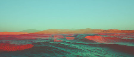 Dynamic interplay of ocean waves and desert dunes captured in vibrant double exposureの写真素材