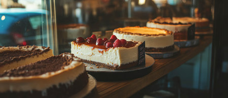 Delicious cheesecakes featuring creamy fillings and indulgent toppings on displayの写真素材