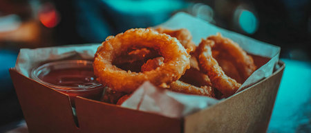 Crispy onion rings served with zesty dipping sauce in a rustic settingの写真素材