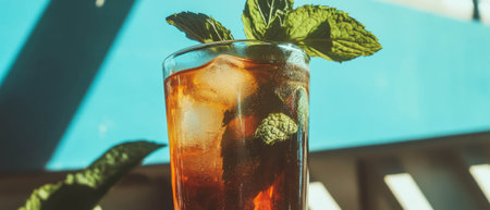 Refreshing mint iced tea served in a cool glass under sunny summer light