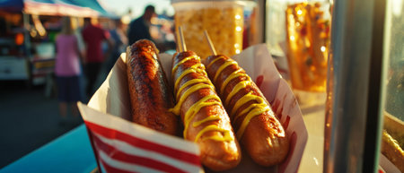 Enjoying classic fair food with corn dogs and mustard at a vibrant outdoor eventの写真素材