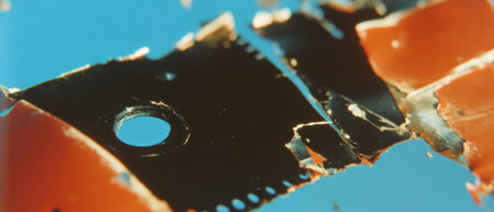 Old film surface showing sprocket hole damage and perforation detailsの写真素材