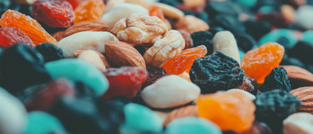 Healthy trail mix featuring a variety of nuts and dried fruits for nutritious snacking optionsの写真素材