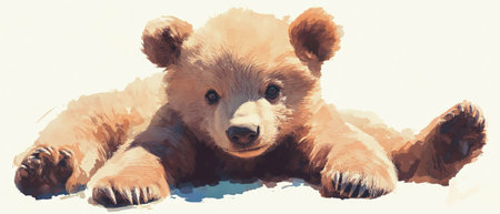 Cute bear cub resting on soft, blended pastel background with a watercolor feelの写真素材