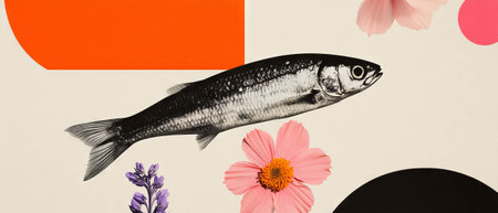 Minimalist collage featuring a sardine and geometric shapes with floral elements