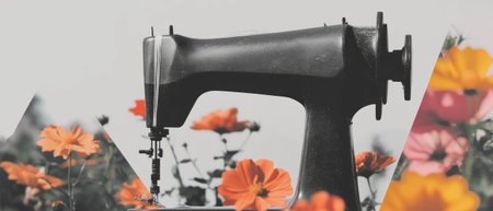 Minimalist collage featuring a sewing machine with floral accents on a white backgroundの写真素材