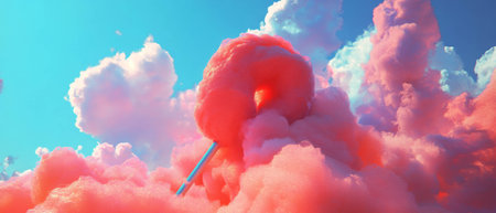 Fluffy cotton candy rising against a bright blue sky in a cheerful carnival atmosphereの写真素材