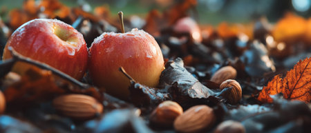 Delicious caramel apples surrounded by nuts and autumn leaves in a cozy settingの写真素材