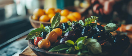 Delicious assortment of Mediterranean olives and herbs on a vibrant appetizer platterの写真素材