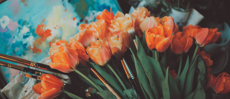 Creative flat lay featuring orange tulips and paintbrushes in an artistic arrangementの写真素材
