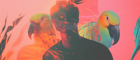Colorful collage of a vibrant man interacting with a lively parrotの写真素材