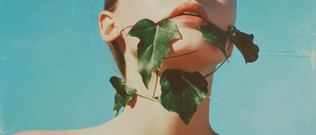 Collage showcasing neck adorned with vibrant ivy leaves against a blue sky backgroundの写真素材