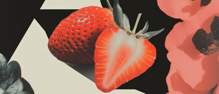 Minimalist collage featuring a cut strawberry and geometric shapes on a white backgroundの写真素材