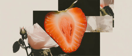 Minimalist collage featuring a strawberry cut in half with floral elements on a white backgroundの写真素材