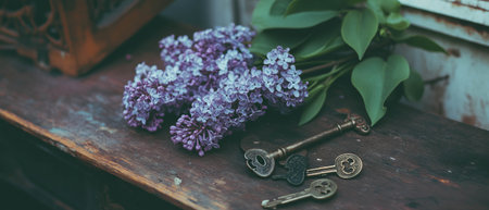 Vintage keys and purple lilacs create a charming and mysterious flat lay arrangementの写真素材