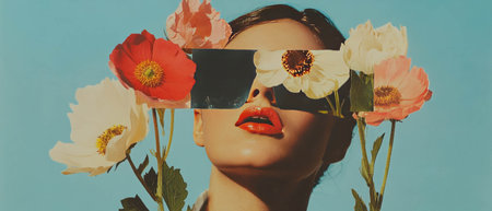 Colorful collage featuring a torso adorned with artistic paper flowersの写真素材