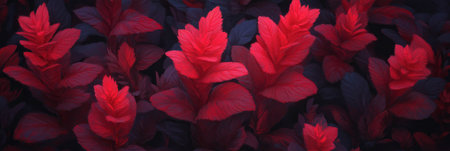 Crimson foliage thrives under cool shadows in a vibrant garden settingの素材