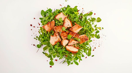 Fresh cress salad with grilled chicken garnish for healthy mealsの素材