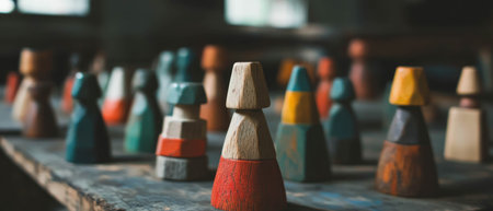 Wooden toys creatively arranged on a rustic table in a workshop settingの素材