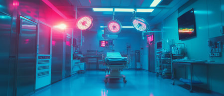 Empty operating room showcasing surgical lights in a sterile environmentの素材