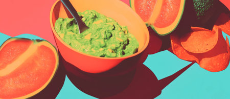Delicious guacamole served with crispy tortilla chips and fresh avocados on a colorful backdropの写真素材