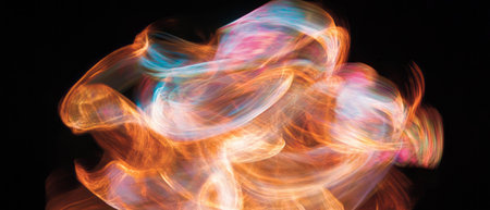 Dynamic colorful fire shapes swirl against a black background creating artistic patterns