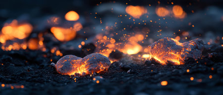 Scattered glowing fire embers illuminated against a dark background with hot sparks and ashes