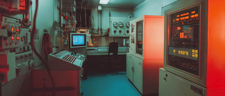 Exploring an empty retro-futuristic laboratory filled with complex machinery and instrumentsの素材