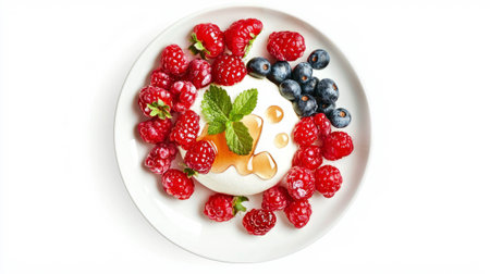 Delicious panna cotta dessert with fresh berries and mint garnish on white plateの素材