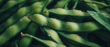 Edamame pods lightly sprinkled with sea salt for a healthy Japanese snack optionの写真素材
