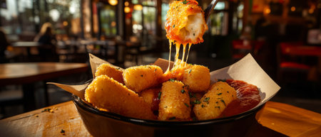 Satisfying mozzarella sticks served with marinara sauce in a cozy restaurant setting