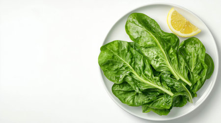 Fresh lambs lettuce and lemon slice on white plate for salad preparationの素材