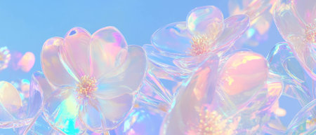 Soft holographic abstract shapes and flowers with a clear central area and modern floral bannerの素材