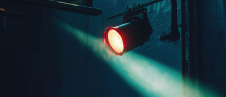 Spotlight shining on an object reveals intricate details and sharp contrasts in a dark settingの素材