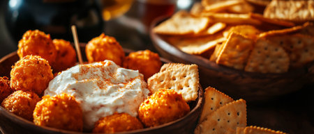 Cheese balls with crackers and creamy dip for a lively gathering at home