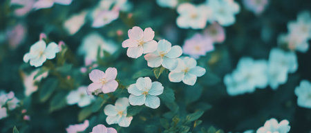 Delicate purple and white mint flowers bloom vibrantly in a lush garden settingの写真素材