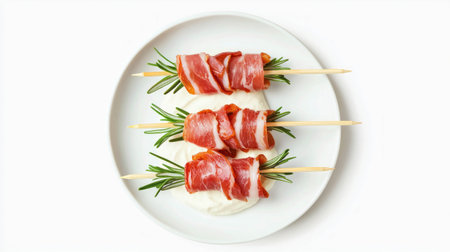Gourmet appetizer with rosemary and prosciutto skewers on creamy base for culinary presentationの素材
