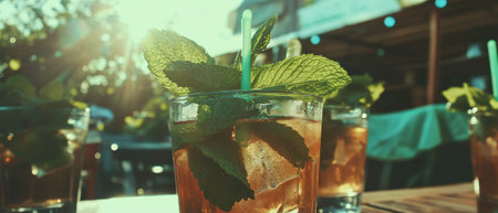 Refreshing mint iced tea in a sunny outdoor setting for summer enjoymentの写真素材