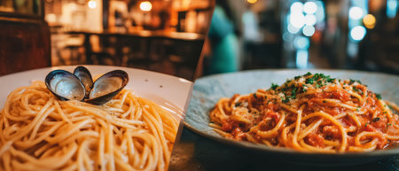 Delicious linguine pasta with clam sauce served in a cozy Italian restaurant settingの写真素材