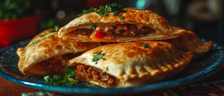 Savory empanadas filled with meat and cheese served on a decorative blue plate