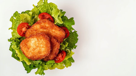 Crispy chicken nuggets on fresh salad with tomatoes for healthy meal inspirationの素材