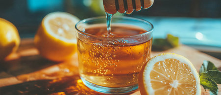 Herbal tea with honey and lemon in a relaxing setting ready for enjoymentの素材