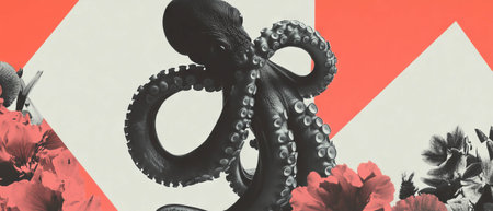 Minimalist collage featuring a curled octopus tentacle and floral accents on a white backgroundの素材