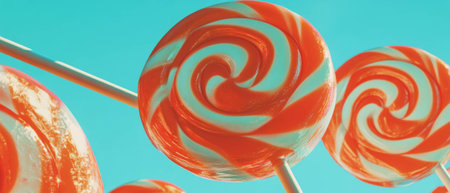 Vibrant lollipops swirl in an eye-catching display under a bright blue skyの写真素材