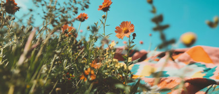 Colorful wildflowers and a picnic blanket create a joyful outdoor gathering experienceの写真素材