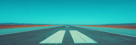 Runway perspective lines extending towards the horizon in a clear sky settingの素材