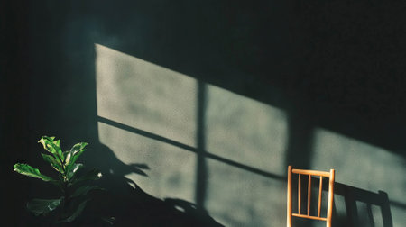 Minimalist interior scene with greenery and light patterns on black textured wallの素材