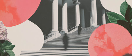 Minimalist collage featuring a grand staircase and floral geometric shapesの素材