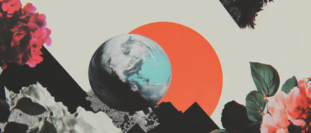 Minimalist collage featuring a globe and floral elements for a vision boardの素材