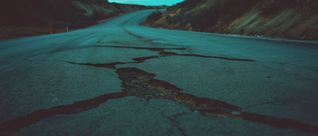Cracked asphalt and deserted roads reveal signs of a hasty evacuation at duskの素材